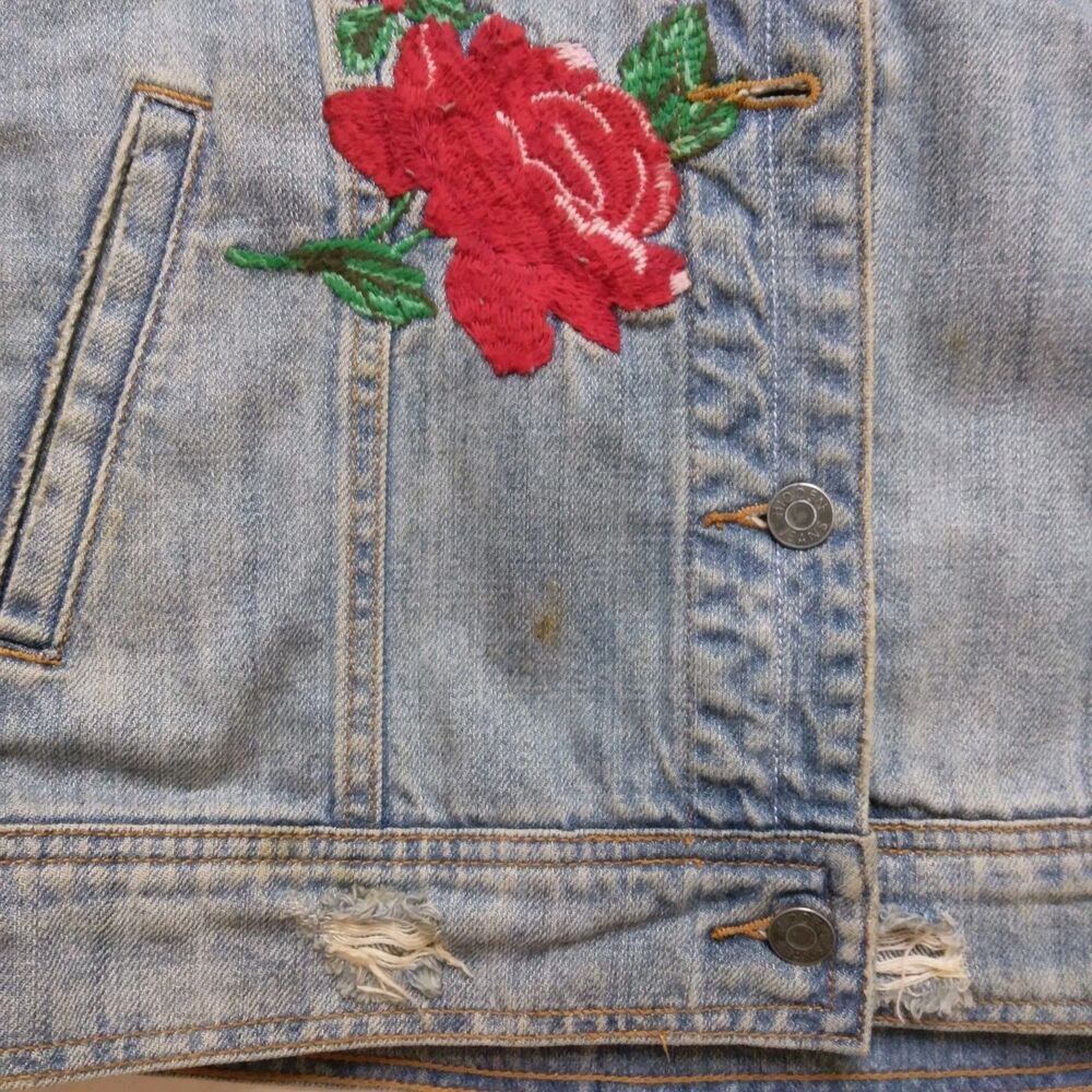Hidden Embroidered Distressed Denim Jean Jacket Grunge Y2K Women's Size XS - Picture 6 of 16